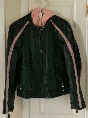 LEATHER MOTORCYCLE JACKET LINED WITH HOOD SIZE XL